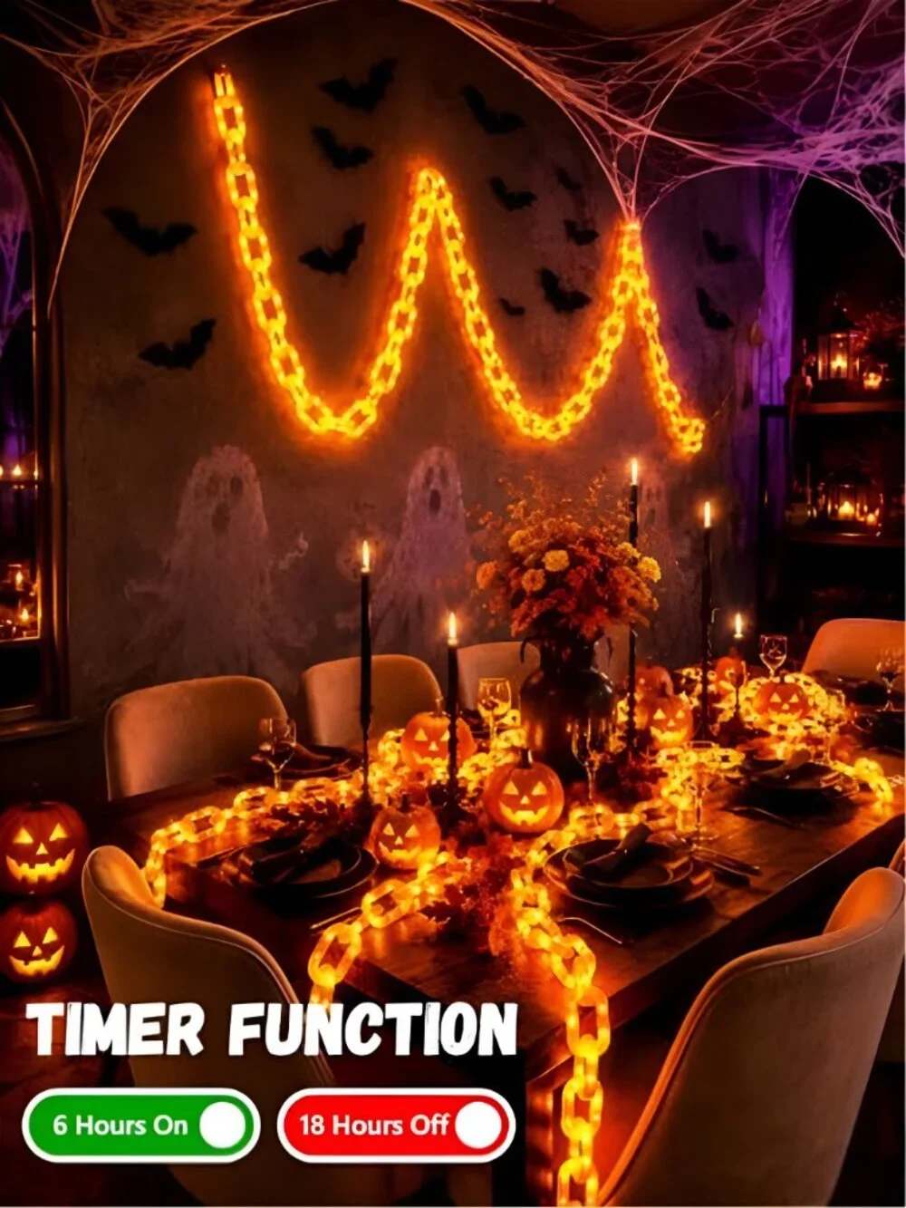 Battery Halloween Chain Lights, 10 FT 160 LED Orange Light-Up Plastic Timer